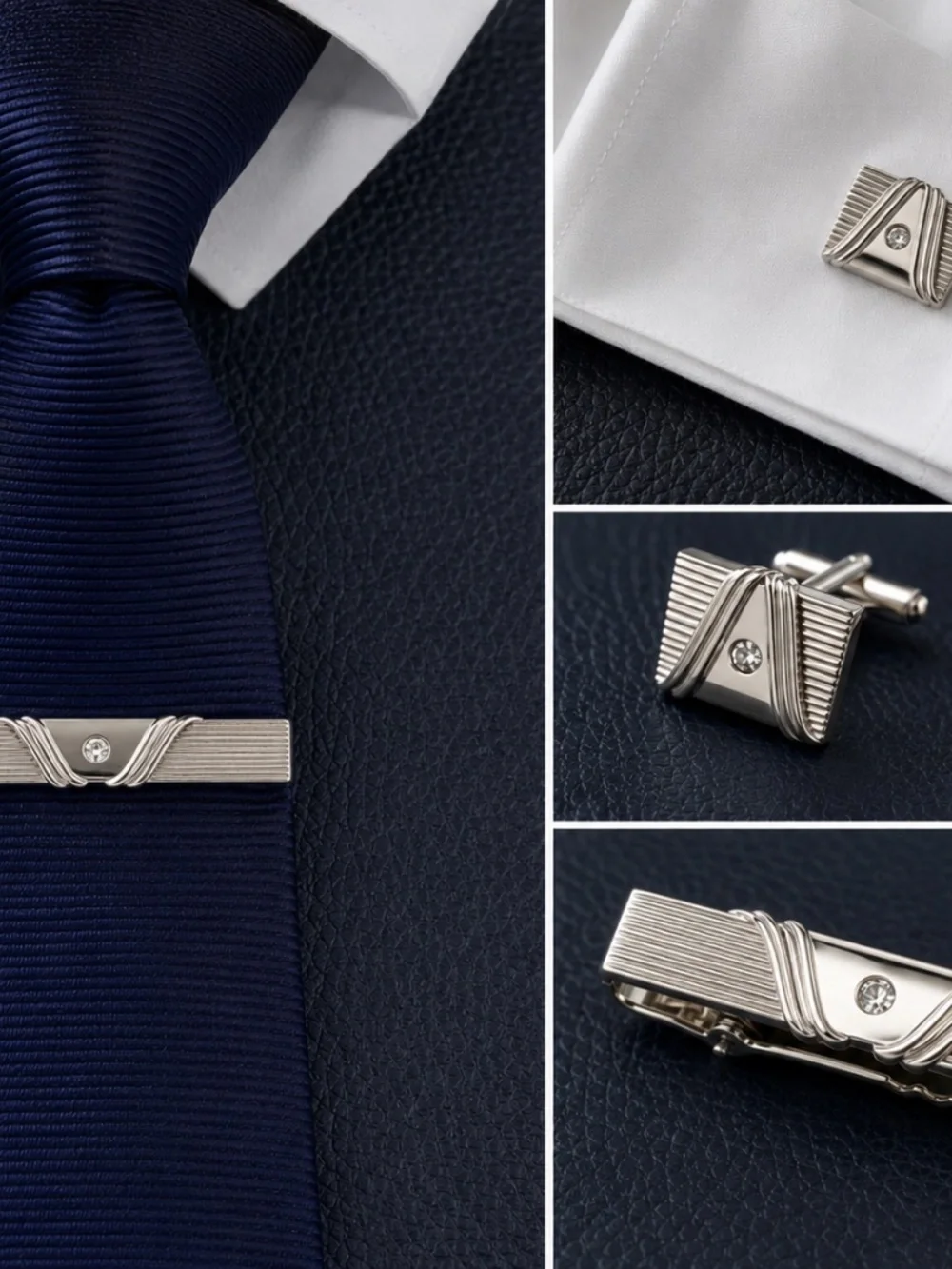 Vintage Anson Silver Tone Tie Bar & Cufflinks Set Rhinestone Formal Menswear